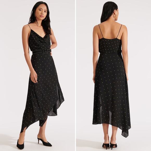 Veronica Beard Charlene Studded Crepe Dress Black Gold Size 2 Drapey Embellished - Picture 2 of 16